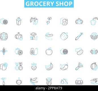 Lineares Symbolset für Lebensmittelgeschäfte. Obst Und Gemüse, Milchprodukte, Fleisch, Backwaren, Konserven, Blumige, gefrorene Linienvektoren und Konzeptschilder. Snacks, Getränke, Feinkost Stock Vektor