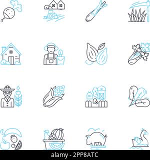 Lineare Symbole für Landwirtschaftstechnologie eingestellt. Präzision, Bewässerung, Automatisierung, Dr, Hydrokultur, Sensoren, Sustainability Linienvektor und Konzeptzeichen Stock Vektor