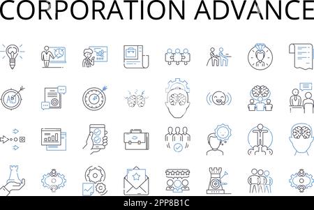 Corporation Advance Line Icons Sammlung. Unternehmenswachstum, Fortschritt der Agentur, Verbesserung der Organisation, Geschäftswachstum, Unternehmensentwicklung, Einrichtung Stock Vektor