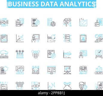 Lineare Symbolgruppe für die Analyse von Geschäftsdaten. Erkenntnisse, Metriken, Visualisierung, Dashboards, Optimierung, Daten, Analysen Linienvektor und Konzeptzeichen Stock Vektor