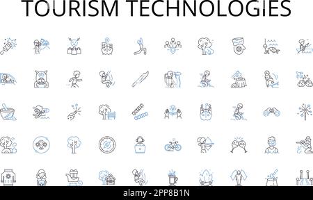 Tourismustechnologien Kollektion mit Symbolen. Einladend, attraktiv, informativ, benutzerfreundlich, reaktionsfreudig, Professional, Interaktiver Vektor und linear Stock Vektor