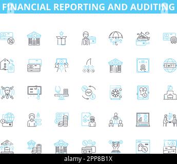 Lineare Symbolgruppe für Finanzberichte und Auditing. Auditing, Compliance, Transaktionen, Aussagen, Offenlegung, Risiko, Berichtslinienvektor und Konzept Stock Vektor