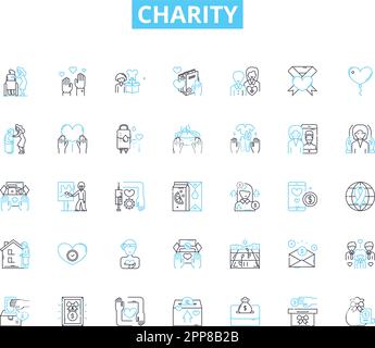 Lineare Symbole für wohltätige Zwecke festgelegt. Philanthropie, Großzügigkeit, Altruismus, Mitgefühl, Geben, Wohltätigkeit, Spendenlinienvektor und Konzeptzeichen. Freundlichkeit Stock Vektor