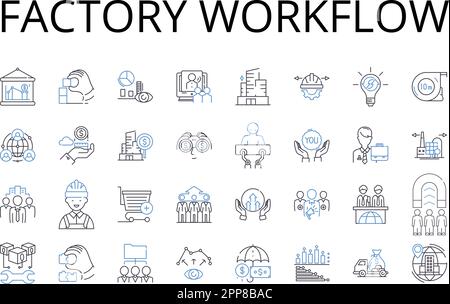 Symbolsammlung für werkseitige Workflow-Linien. Unternehmensverfahren, Geschäftsstruktur, Organisationsprozess, Unternehmensabläufe, Unternehmensmethodik Stock Vektor