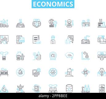 Lineare Symbole in Economics festgelegt. Inflation, Rezession, Angebot, Nachfrage, Markt, Handels-, Investitionslinienvektor- und Konzeptzeichen. Kapitalismus, Sozialismus Stock Vektor