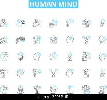 Lineare Symbole für den menschlichen Geist gesetzt. Bewusstsein, Wahrnehmung, Kognition, Emotionen, Gedächtnis, Intuition, Argumentlinienvektor und Konzeptzeichen. Einfühlungsvermögen Stock Vektor