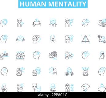 Menschliche Mentalität - Lineare Symbole gesetzt. Kapazität, Wahrnehmung, Emotion, Intelligenz, Instinkt, Widerstandsfähigkeit, Kreativität Linienvektor und Konzeptzeichen Stock Vektor