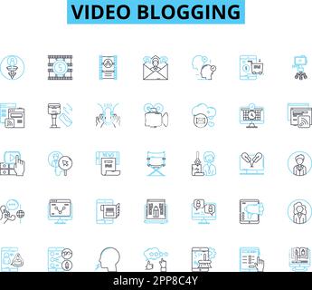 Lineare Symbole für Video-Blogging eingestellt. Vlogging, Youtube, Bloggen, Inhalt, Influencer, Kamera, Bearbeiten von Linienvektoren und Konzeptzeichen. Kanal,Hochladen Stock Vektor