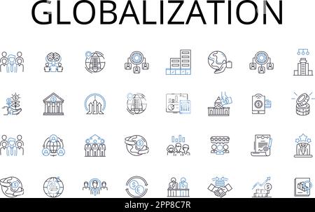 Symbolsammlung für Globalisierungslinien. Urbanisierung, Digitalisierung, Modernisierung, Kommerzialisierung, Industrialisierung, Internationalisierung Stock Vektor