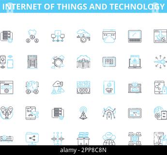 Lineare Symbole für das Internet der Dinge und Technologie. Vernetzt, Intelligent, Automatisierung, Sensoren, Drahtlos, Daten, Cloud-Linienvektor und Konzeptschilder Stock Vektor