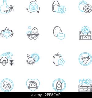 Lineare Symbole für organische Erzeugnisse. Frisch, nahrhaft, nachhaltig, chemikalienfrei, gesund, Lokale, authentische Linienvektoren und Konzeptschilder Stock Vektor