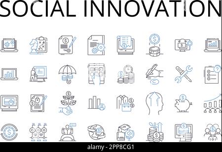 Icons-Kollektion für Social Innovation Line. Ökologische Nachhaltigkeit, technologischer Fortschritt, Entwicklung der Gemeinschaft, Verantwortung der Unternehmen Stock Vektor