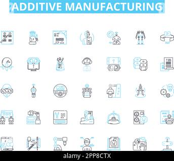 Lineare Symbolgruppe für additive Fertigung. D-Druck, Layering, Polymerisation, Filament, Harz, Laser, Retraktionslinienvektor und Konzeptschilder Stock Vektor