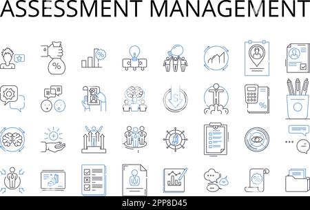 Sammlung der Liniensymbole für die Bewertungsverwaltung. Risikokontrolle, Budgetplanung, Zeitmanagement, Projektkoordination, Datenanalyse, Leistung Stock Vektor