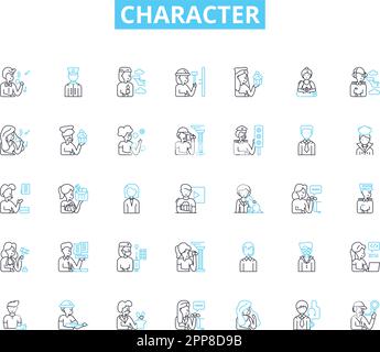 Satz linearer Zeichensymbole. Persönlichkeit, Eigenschaften, Einzigartig, Manerismen, Verhalten, Disposition, Moral lindern Vektor und Konzeptzeichen. Eigenarten, Einstellung Stock Vektor