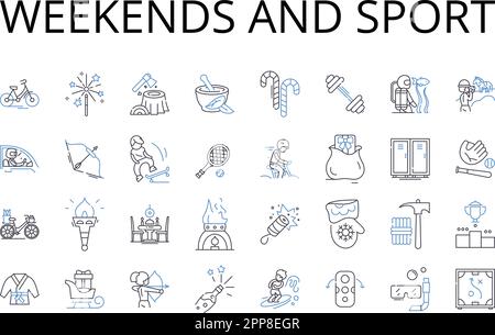 Wochenenden und Sport Line Icons Kollektion. Samstags und sportliche Aktivitäten, sonntags und körperliche Erholung, Wochenend- und Outdoor-Spiele, Ruhetage und Stock Vektor
