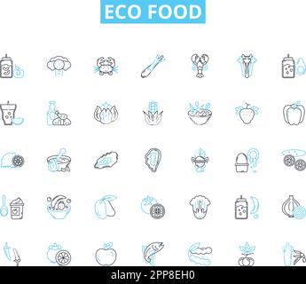 Lineare Symbole für umweltfreundliche Lebensmittel eingestellt. Nachhaltig, Organisch, Lokal, Saisonal, Biologisch Abbaubar, Ethische, ungiftige Linienvektoren und Konzeptzeichen. Gesund, Natürlich Stock Vektor