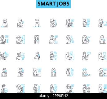 Lineare Symbole für Smart Jobs festgelegt. Innovation, Flexibilität, Effizienz, Automatisierung, Telearbeit, Empowerment, Digitalisierung Linienvektor und Konzeptzeichen Stock Vektor