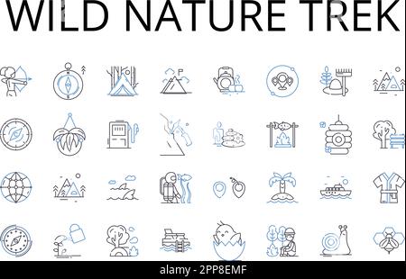 Wild Nature Trek Line Icons Kollektion. Zerklüftete Bergsteigen, Tiefseetauchen, ruhiger Strandspaziergang, majestätischer Wasserfall, geheimnisvolle Höhlenerkundung Stock Vektor