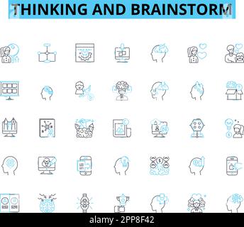 Lineares Symbolset für Denken und Brainstorming. Divergent, Analytisch, Innovativ, Kreativ, Konzeptionell, Inspirierte, aufschlussreiche Linienvektor- und Konzeptschilder Stock Vektor