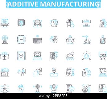 Lineare Symbolgruppe für additive Fertigung. D-Druck, Layering, Polymerisation, Filament, Harz, Laser, Retraktionsvektorsymbole und Linienzeichen Stock Vektor