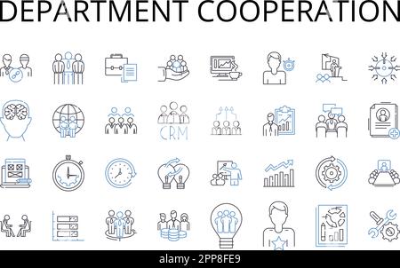 Sammlung der Liniensymbole für die Zusammenarbeit mit Abteilungen. Zusammenarbeit im Team, gegenseitige Unterstützung, unabhängige Zusammenarbeit, synchronisierte Bemühungen, kooperativ Stock Vektor