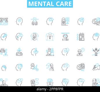 Lineare Symbole für die psychische Versorgung. Therapie, Beratung, Mitgefühl, Selbstversorgung, Achtsamkeit, Wiederherstellung, Linienvektor und Konzeptzeichen für die Reparatur. Ich Komme Zurecht Stock Vektor