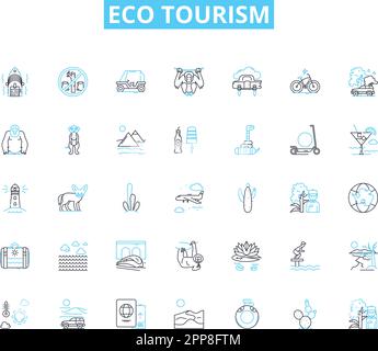 Eco Tourism – Lineare Symbole gesetzt. Nachhaltig, Tierwelt, Abenteuer, Grün, Naturschutzgebiet, Naturschutz, Naturlinienvektor und Konzeptschilder. Ökologisch Stock Vektor