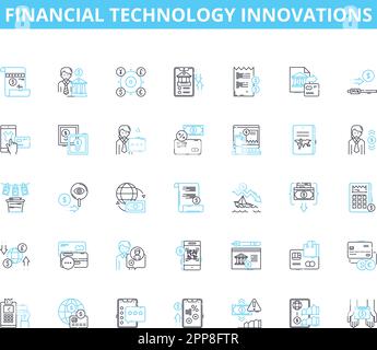 Innovationen in der Finanztechnologie – lineare Symbole. Kryptowährung, Blockchain, digitale Geldbörsen, Peer-to-Peer-Kreditvergabe, Robo-Advisor, Künstlich Stock Vektor