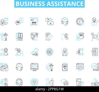Business Assistance - Lineare Symbolgruppe. Consulting, Beratung, Mentoring, Coaching, Nerking, Outsourcing, Strategielinie und Konzeptzeichen Stock Vektor