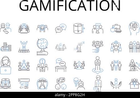 Symbolsammlung für Gamification-Zeilen. Fertigkeiten aufbauen, Puzzle lösen, Strategie zur emotionalen Mitarbeiterbindung, Verhaltensänderung, Motivationsmanipulation, Edutainment Stock Vektor