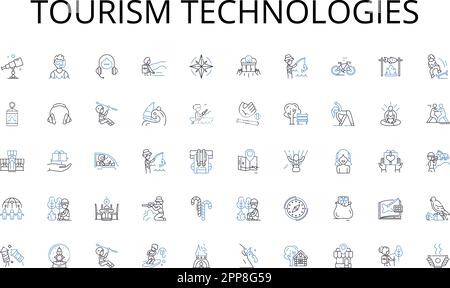 Tourismustechnologien Kollektion mit Symbolen. Verkehr, Pendelverkehr, Mobilität, Verkehr, Öffentlich, Masse, Busvektor und lineare Darstellung. Züge, Eisenbahnen Stock Vektor