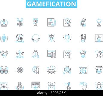 Lineare Symbole für Gamefication festgelegt. Engagement, Motivation, Belohnungen, Herausforderung, Fortschritt, Feedback, Ziellinienvektor und Konzeptzeichen Stock Vektor