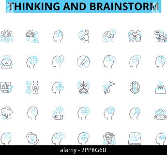 Lineares Symbolset für Denken und Brainstorming. Divergent, Analytisch, Innovativ, Kreativ, Konzeptionell, Inspirierte, aufschlussreiche Linienvektor- und Konzeptschilder Stock Vektor