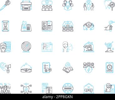 Lineare Symbole für Organisationsmaterialien festgelegt. Ordner, Ordner, Trennblätter, Registerkarten, Etiketten, Clips, Pins Linienvektor und Konzeptzeichen. Klebebänder, Klebstoff, Scheren Stock Vektor