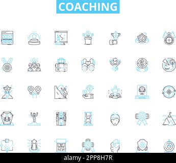 Lineare Symbole für Coaching festgelegt. Mentoring, Anleitung, Befähigung, Unterstützung, Entwicklung, Anregung, Motivationslinienvektor und Konzeptschilder Stock Vektor
