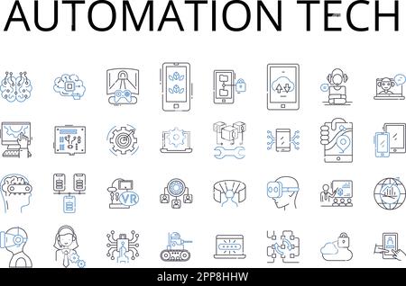 Symbolsammlung für die Automationstechnik. Digitale Tools, Virtual Reality, Robotikindustrie, maschinelles Lernen, KI-Software, Unternehmenseffizienz, intelligent Stock Vektor