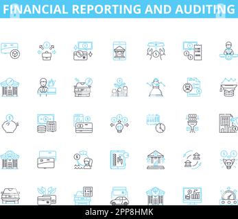 Lineare Symbolgruppe für Finanzberichte und Auditing. Auditing, Compliance, Transaktionen, Aussagen, Offenlegung, Risiko, Berichtslinienvektor und Konzept Stock Vektor