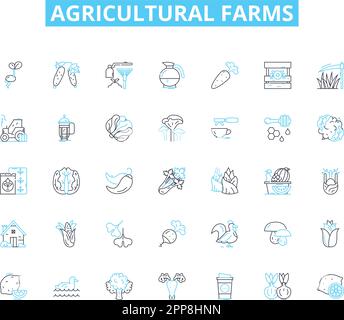 Lineare Symbole für landwirtschaftliche Betriebe. Ernte, Vieh, Getreide, Bewässerung, Dünger, Traktor, Bodenlinienvektor und Konzeptschilder. Samen, Scheune Stock Vektor