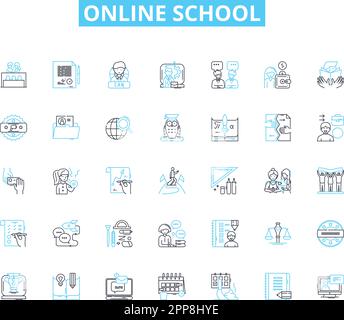 Lineare Symbole für Online-Schulen festgelegt. Entfernung, webbasiert, virtuell, Remote, E-Learning, Digital, Cyber Line Vector und Concept Signs. Internet, WLAN, Webinar Stock Vektor