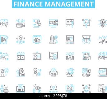 Lineare Symbolgruppe für Finanzmanagement. Budgetierung, Buchhaltung, Investitionen, Erträge, Ausgaben, Reporting, Analyse Linienvektor und Konzeptzeichen Stock Vektor