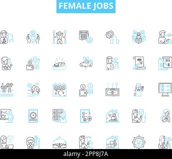 Lineare Symbole für weibliche Tätigkeiten festgelegt. Krankenschwester, Lehrer, Ingenieur, Unternehmer, Wissenschaftler, Arzt, Anwaltslinienvektor und Konzeptzeichen. Grafikdesigner, Schriftsteller Stock Vektor