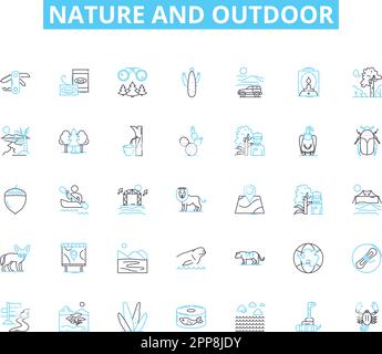 Lineare Symbole für Natur und Außenbereich. Wildnis, Berge, Wälder, Flüsse, Ozeane, Landschaften, Tierschutzlinien, Vektor- und Konzeptschilder. Sonnenuntergänge Stock Vektor