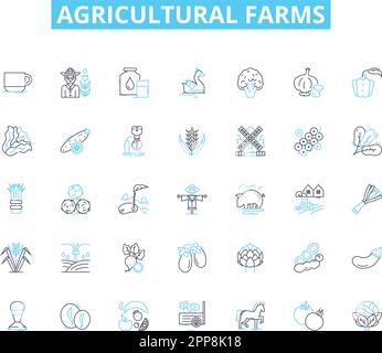 Lineare Symbole für landwirtschaftliche Betriebe. Ernte, Vieh, Getreide, Bewässerung, Dünger, Traktor, Bodenlinienvektor und Konzeptschilder. Samen, Scheune Stock Vektor