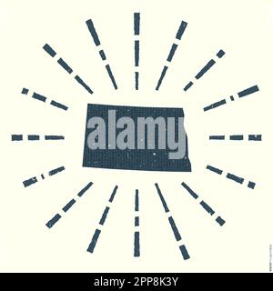 Logo Von North Dakota. Poster „Grunge Sunburst“ mit Karte des US-Bundesstaates. Die Form von North Dakota, gefüllt mit Hexenzähnen, mit Sonnenstrahlen. Wunderschön Stock Vektor