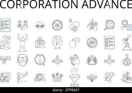 Corporation Advance Line Icons Sammlung. Unternehmenswachstum, Fortschritt der Agentur, Verbesserung der Organisation, Geschäftswachstum, Unternehmensentwicklung, Einrichtung Stock Vektor