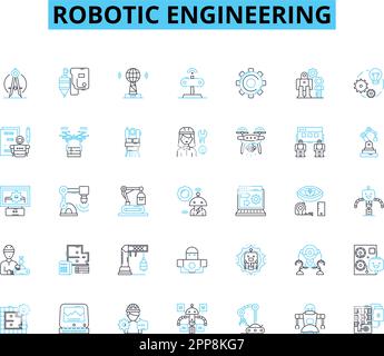 Lineare Symbole für Robotertechnik festgelegt. Automatisierung, Robotik, Innovation, Mechanisierung, Programmierung, Fertigung, künstliche Intelligenz, Linienvektor Stock Vektor