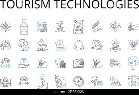 Tourismustechnologien Kollektion mit Symbolen. Künstliche Intelligenz, soziale Medien, Virtual Reality, mobile Anwendungen, E-Commerce, Online-Marketing Stock Vektor