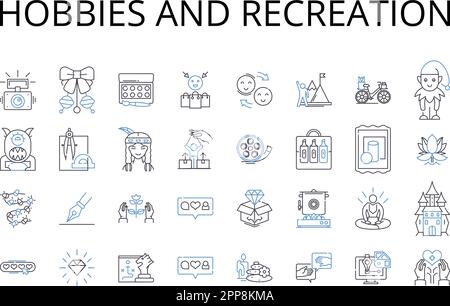 Symbolsammlung für Hobbys und Erholungslinien. Freizeitbeschäftigungen, Freizeitaktivitäten, Aktivitäten, Interessen, Vergnügungen, Ablenkungen, Unterhaltungsvektor und Stock Vektor