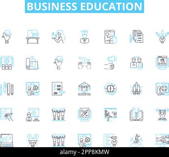 Lineare Symbolgruppe für Geschäftsausbildung. Management, Finanzen, Buchhaltung, Marketing, Unternehmertum, Wirtschaftswissenschaften, Leitlinienvektor und Konzeptzeichen Stock Vektor
